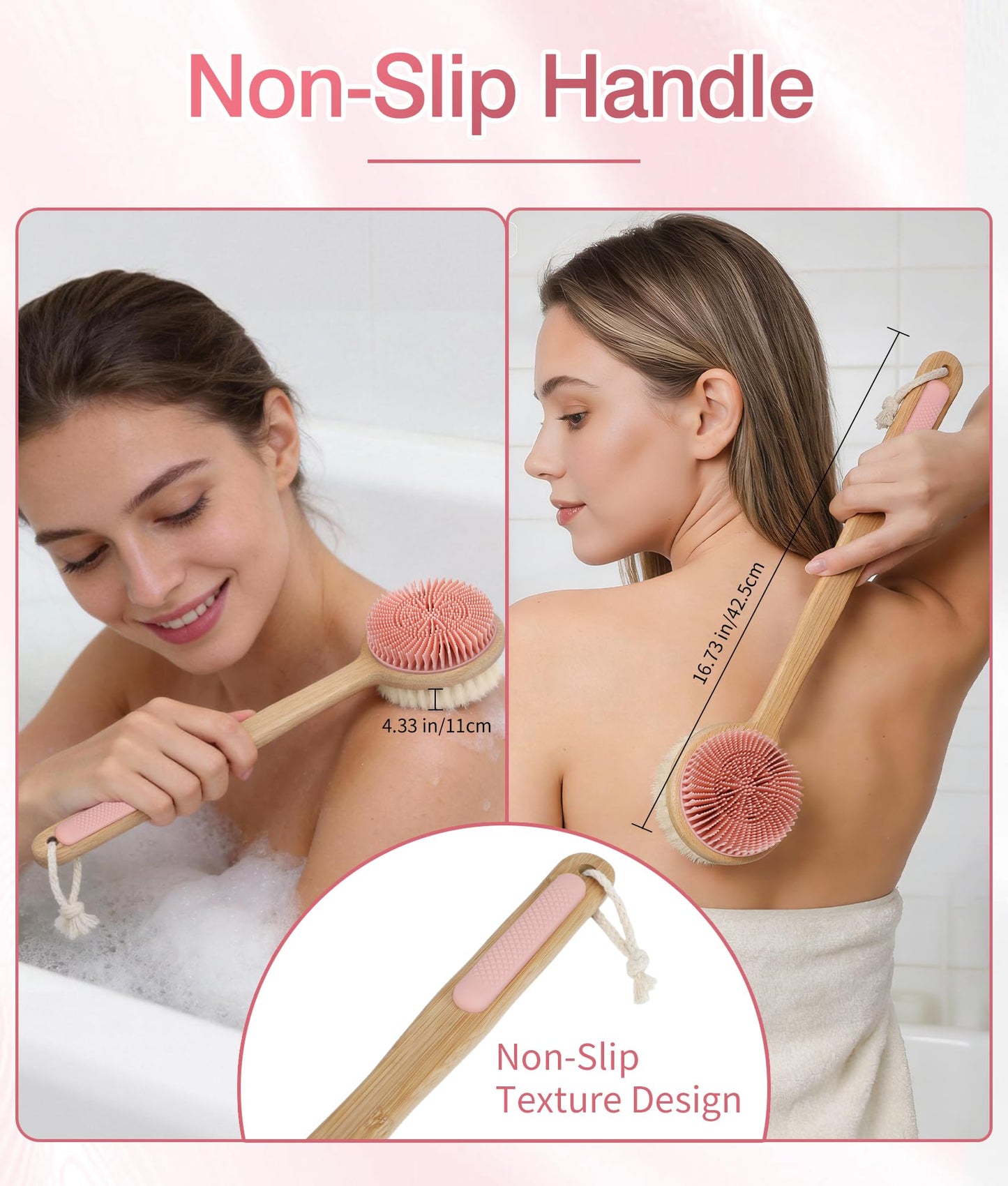 EaTubano Back Scrubber for Shower - Double-Sided Silicone and Super-Dense Bristles for Deep Cleaning & Exfoliation, Bamboo Long Handle with Wider Anti-Slip Grip, Rich Foam, Durable (Pink)