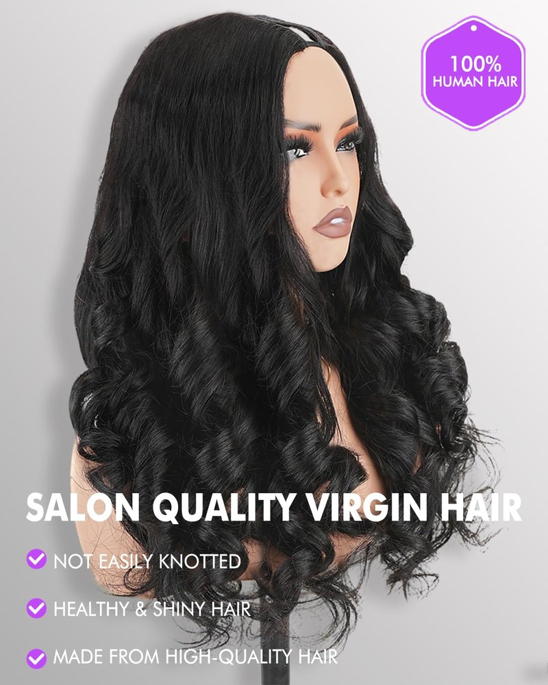 Lysilf V Part Wigs Human Hair 250% Density Body Wave Upgrade U Part Human Hair Wigs with Drawstring No Leave Out No Sew Glueless Clip In Half Wig for Women (Natural Black, 20 Inch)