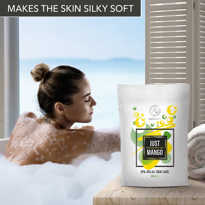 Foaming Bath Sea Salt Mango 35 Oz (1000g) - Bubble Bath Salts with Almond & Grape Seed Essential Oil & Mango Fruit Extract for Bath Soak - Relaxing Bath - Relaxation - Aromatherapy Bath Salts