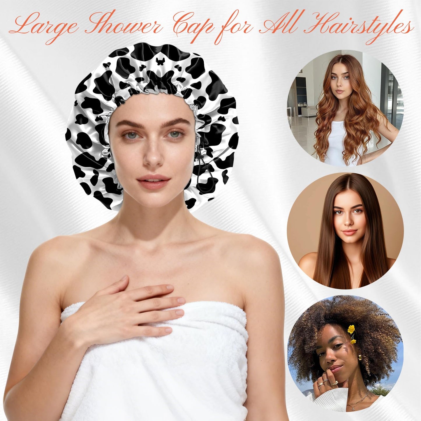BHAHB Shower Cap Reusable Double Layer Adjustable Elastic Waterproof EVA Hair Bath Caps for Women Girls Cute Aesthetic-Cow Leopard