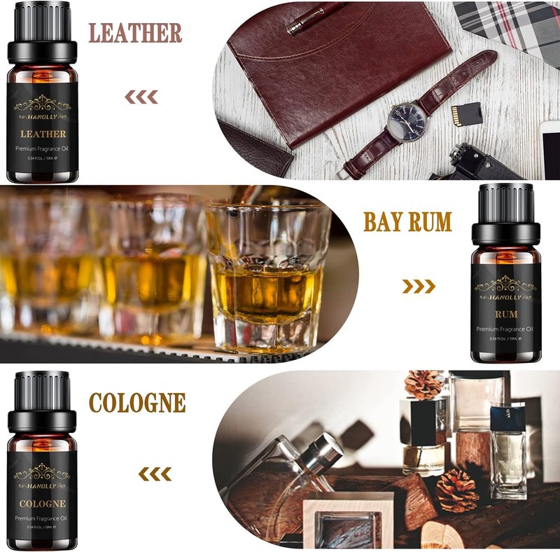 Skiennix Essential Oils Set - Aromatherapy Fragrance Oils for Diffuser | 6x10ML - Sandalwood, Cedar, Leather, Sweet Tobacco, Rum, Cologne