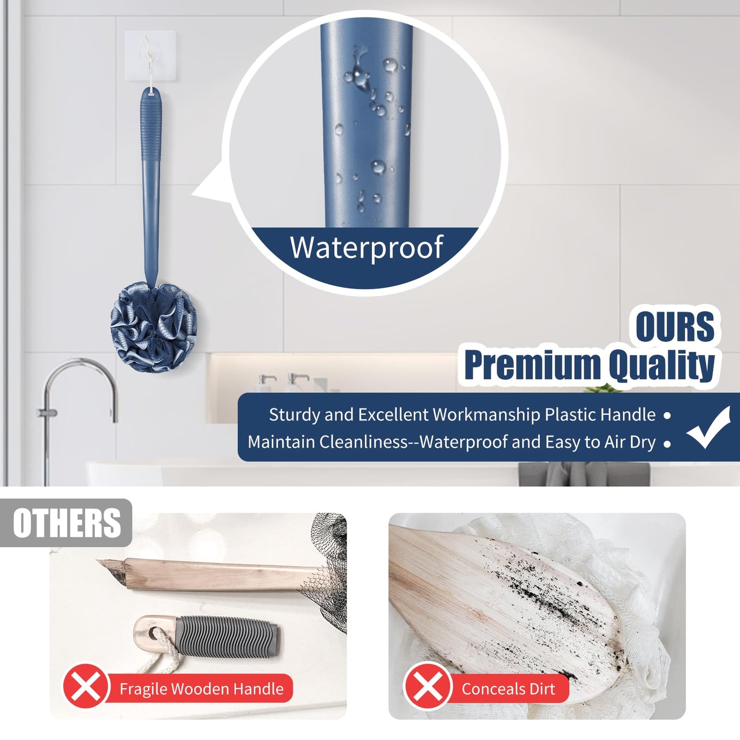VANZAVANZU Loofah Sponge Set Loofah Exfoliating Body Scrubber, Anti-Slip Plastic 17" Handle Loofah on a Stick with Fluffy Shower Sponge, PE Soft Mesh Shower Loofahs-Blue with White Edge