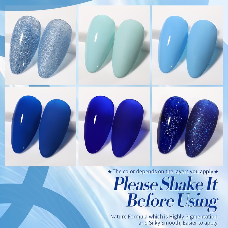 Born Pretty Blue Gel Nail Polish Set 6 Colors Spring Summer Light Baby Royal Blue Reflective Glitter Gel Polish Soak Off Nail Art Manicure DIY Design Home and Salon Holiday Gift