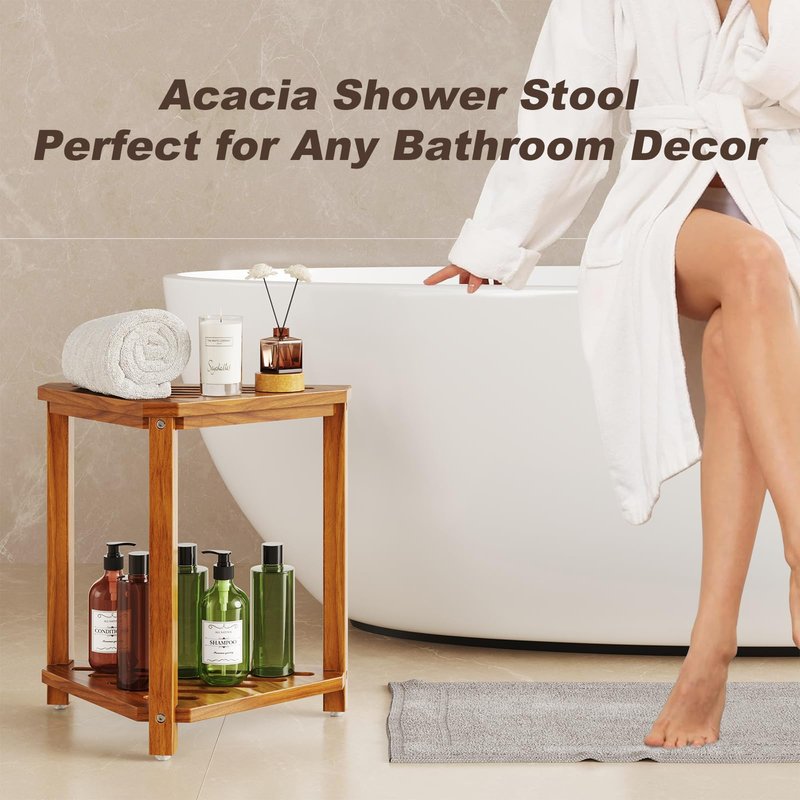 Kzeirm Corner Shower Stool for Inside Shower, 14" Shower Foot Rest Stool for Shaving Legs, Acacia Wood Corner Shower Shaving Step Stools, Waterproof Leg Shaver Foot Rest Bench Seat