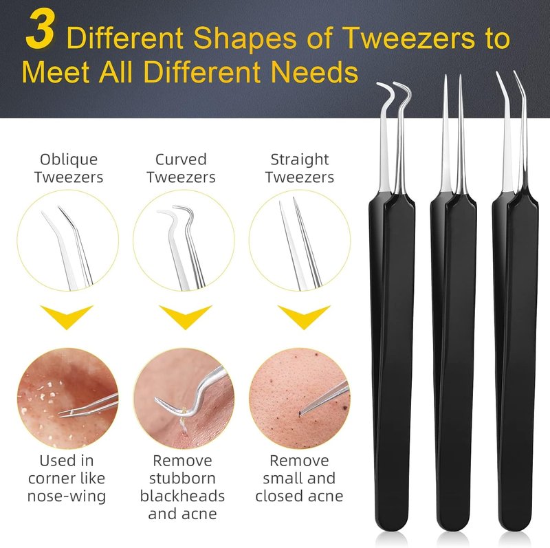 Pimple Popper Tool Kit - 15 PCS Professional Stainless Steel Blackhead Remover Set | Acne Extraction Tools with Metal Case (Black)