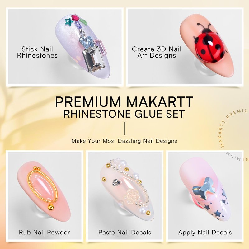 Makartt Nail Rhinestone Glue Gel Set: 60g 3D Super Strong No Wipe Nail Glue for Charms Gems Crystals Beads Decorations Gem Grip Glue DIY Beginners & Salon UV Lamp Needed (2PCS Low & Medium Viscosity)