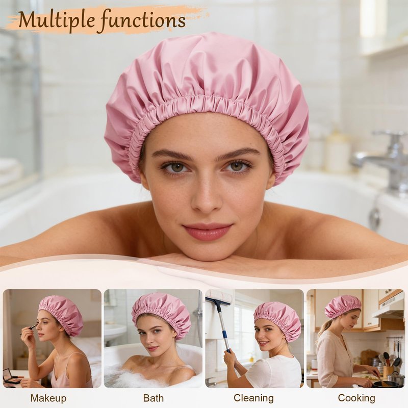 Doitory Shower Cap for Women, Reusable Waterproof Shower Cap Satin Lined with Soft Elastic Band, Large Washable Bath Caps(Pink)