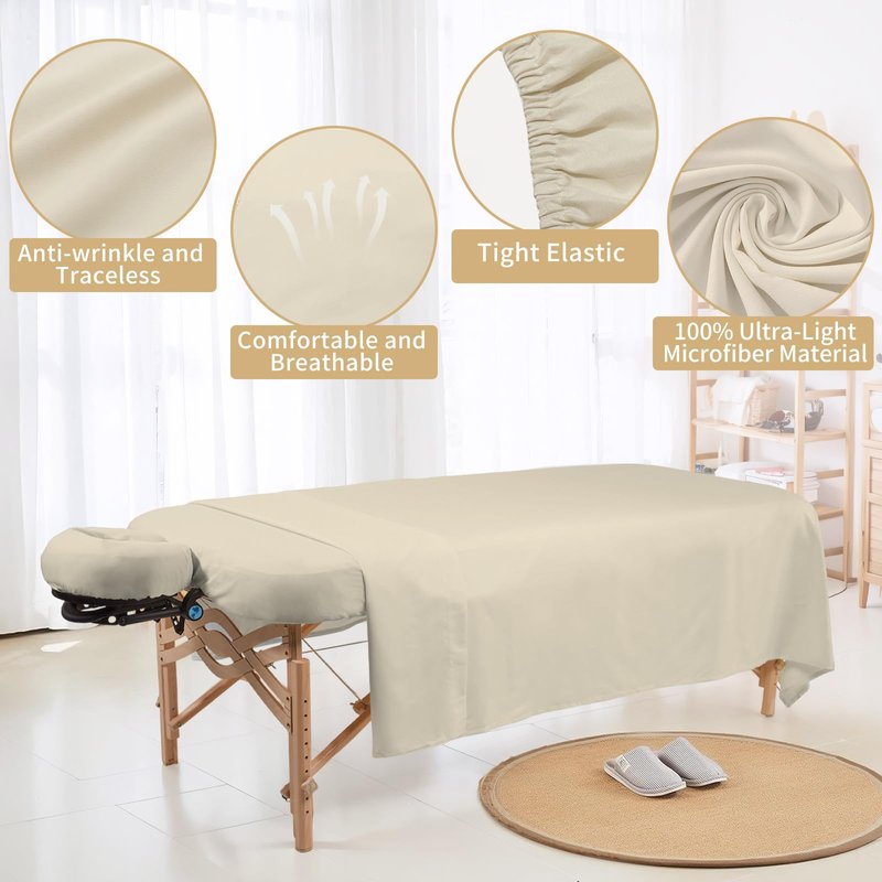 4 Sets Premium Microfiber Massage Table Sheets Set 3 Piece Set Includes Massage Table Cover Fitted Sheet and Fitted Face Rest Cover, Beige
