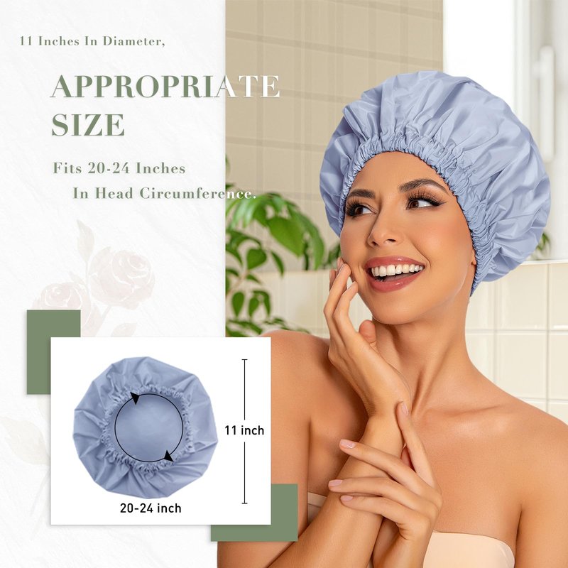 Reusable Shower Cap for Women, Large Waterproof Shower Bonnet with Elastic Band, Washable Bath Hair Cap for Long, Curly Hair, Braids, Daily Shower, Home Spa, Travel(Gray)