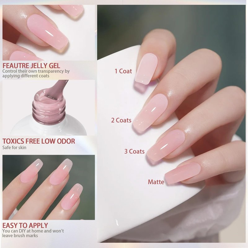 Artdone Sheer Gel Nail Polish Set Jelly UV Gel 6 Colors Translucent Milky White Pink Nude Brown Colors Nail Polish For All Seasons Neutral Soak off LED Lamp Gel Manicure Kit For Nail Art