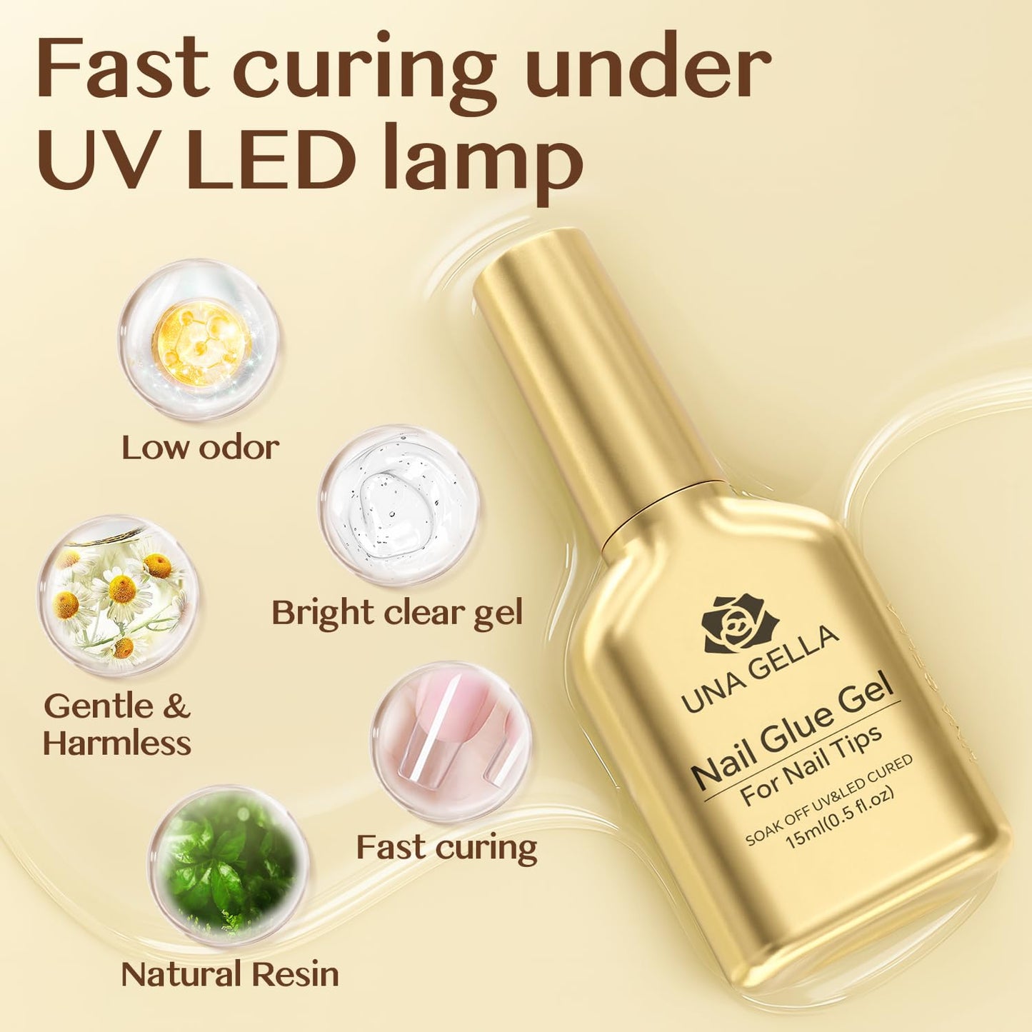 UNA GELLA 6 in 1 Gel Nail Glue - Long-Lasting Clear Acrylic Nail Adhesive, 15ml, Super Strong Brush