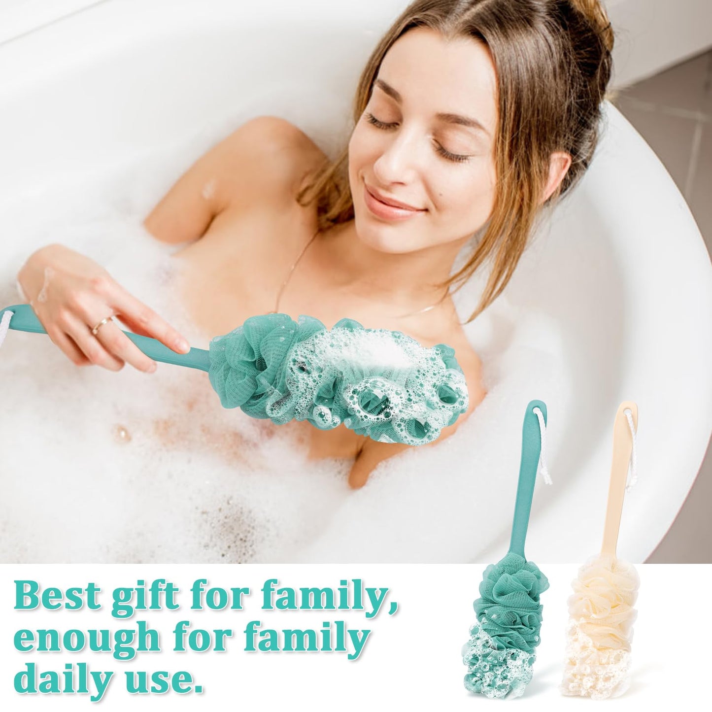 2Pack Back Scrubber for Shower Loofah with Long Handle, Shower Brush for Body, 17″ Loofah on a Stick for Men Women Bathing Accessories, Scrubber Sponge for Exfoliating Bath Brushes (Green)