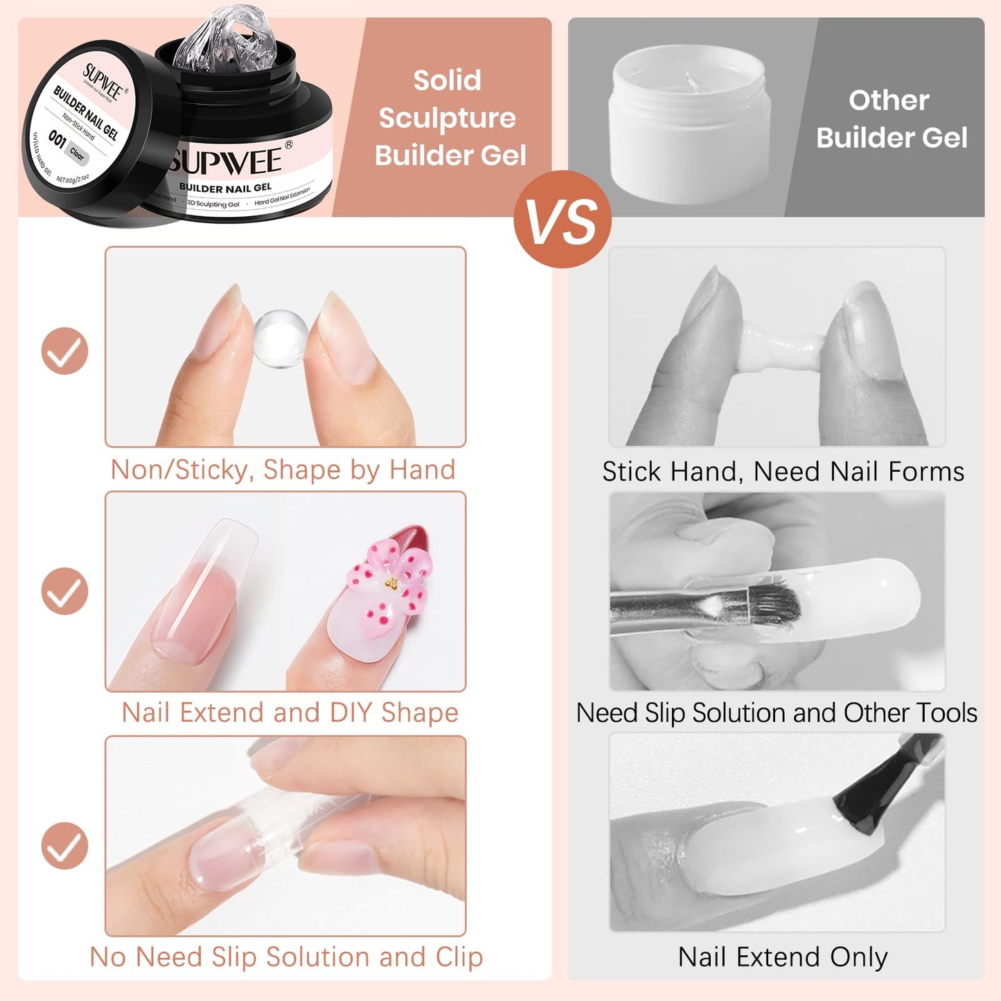 SUPWEE Solid Builder Nail Gel, 60g Large Capacity Clear 3D Nail Sculpting Hard Gel for nails Art Non-Sticky Hand for Carving Extension with Chrome Powder Home DIY Manicure