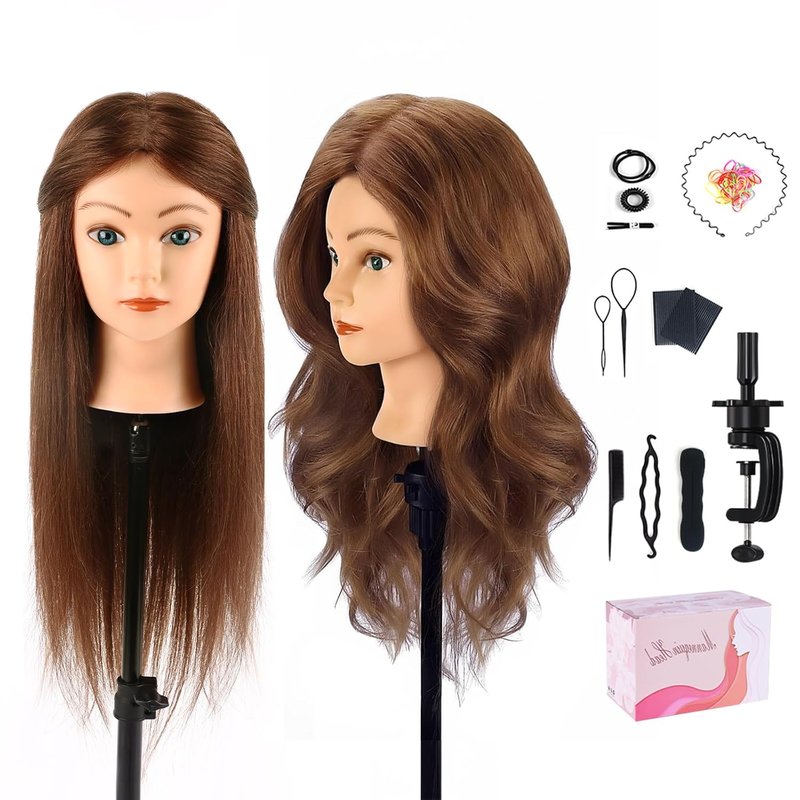 Skiennix Mannequin Head - 100% Human Hair Cosmetology Training Doll | 18'' Dark Brown with Blue Eyes