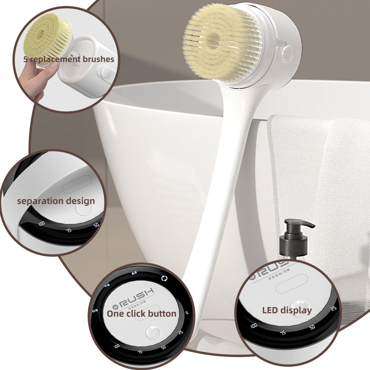 Electric Body Brush, 3 Speed Silicone Body Scrubber with LCD Display, 5in1 Back Scrubber for Shower, Waterproof Rotating Body Brushes, Rechargeable Bath Brush for Clean Exfoliate Massage (White)