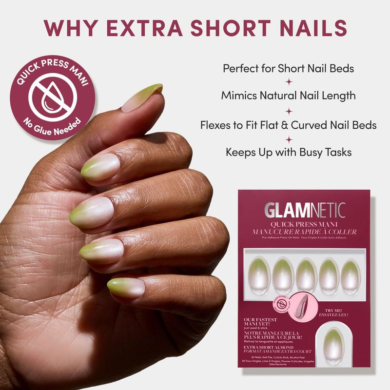 Glamnetic Quick Press Mani - Mess-Free Peel and Stick Almond Nails | Lime Beam, 15 Sizes, 30 Nail Kit