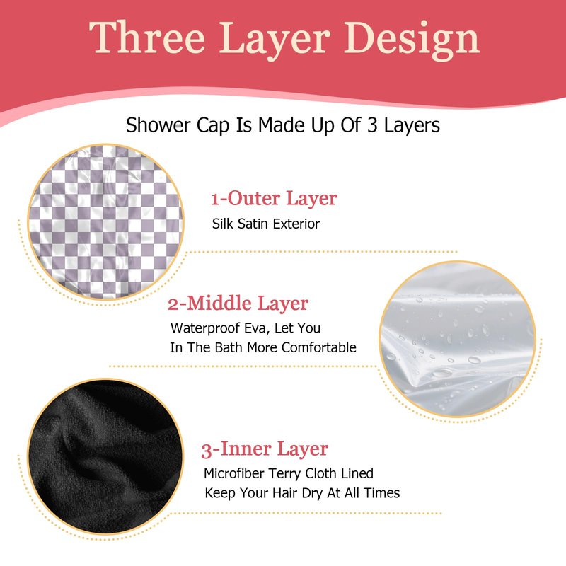 Deokke Luxury Shower Cap Terry Lined Elastic Triple Layer Waterproof Reusable Dry Hair Bathing Caps Aesthetic Cute for Women Girls-Purple Checkered