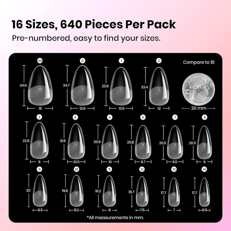 Beetles Gel Nail Tips - Almond Shape Medium Curve | 640pcs in 16 Sizes | Easy DIY Press-On Nail Extensions