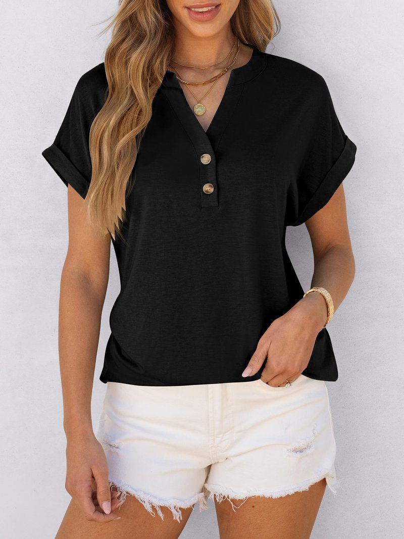 ANRABESS Womens Short Sleeve Henley Tops V Neck Dressy Casual Blouses Summer Trendy Tee Shirts 2026 Vacation Fashion Clothes Black L