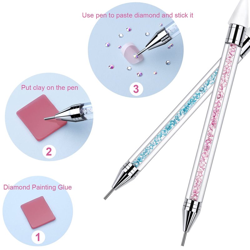 2 Pieces Rhinestone Picker Dotting Pen, Dual-ended Rhinestone Gems Crystals Studs Picker Wax Pencil Pen Crystal Beads Handle Manicure Nail Art DIY Decoration Tool (Light Blue Pink)