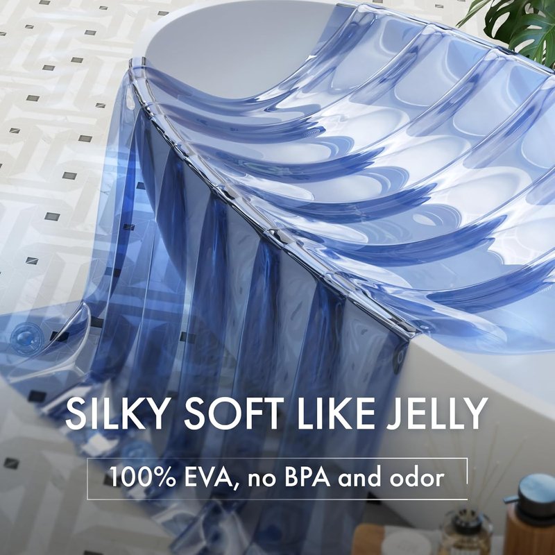 AmazerBath No Hook Shower Curtain - Luxury Heavy Duty Clear Blue 72x75 EVA Liner with 3 Weights