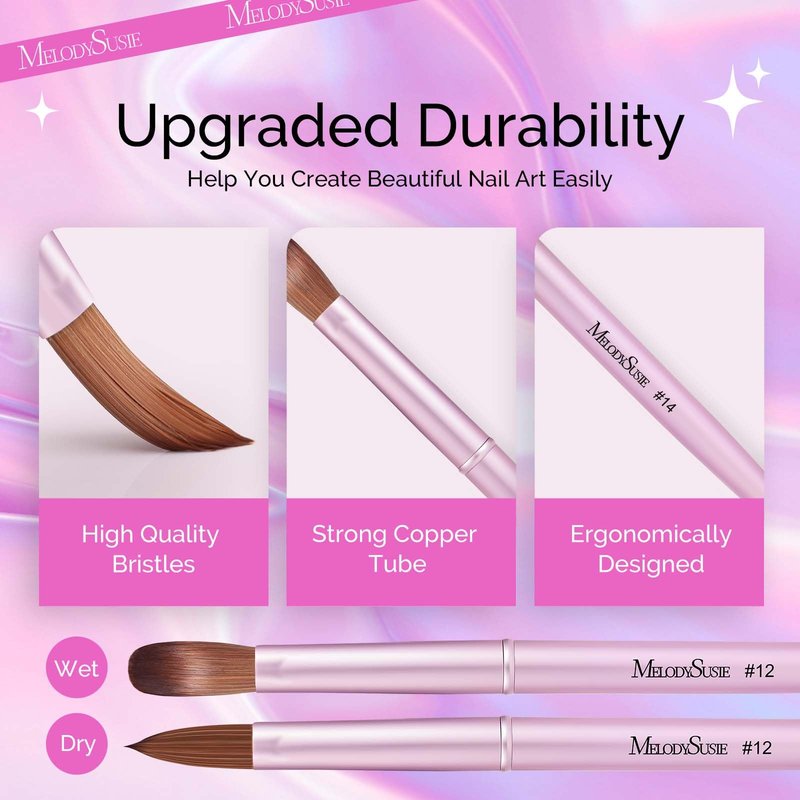 MelodySusie 4Pcs Acrylic Nail Brush Set, Size 8/12/14/16 Professional Nail Brushes for Acrylic Powder Nail Extension and 3D Nail Carving for DIY Home Salon