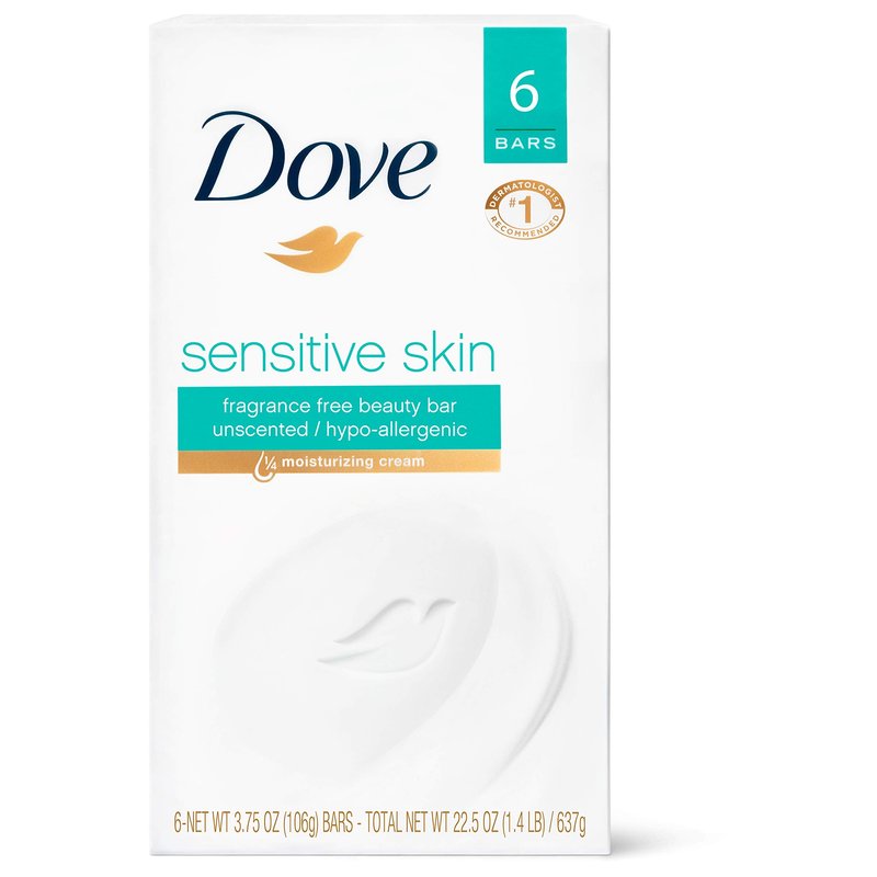 Dove Beauty Bar Gently Cleanses and Nourishes Sensitive Skin Effectively Washes Away Bacteria While Nourishing Your Skin, White, 3.75 Oz, 6 Count