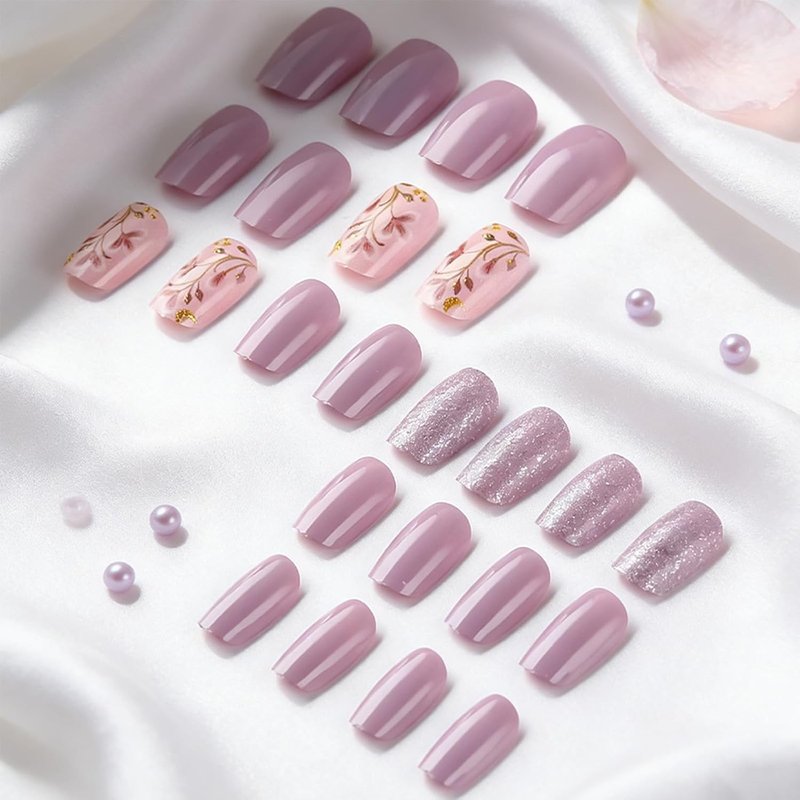 Skiennix Acrylic Press-On Nails - Cute Purple Glitter Flower Bud Design | 24 Pcs Full Cover Set