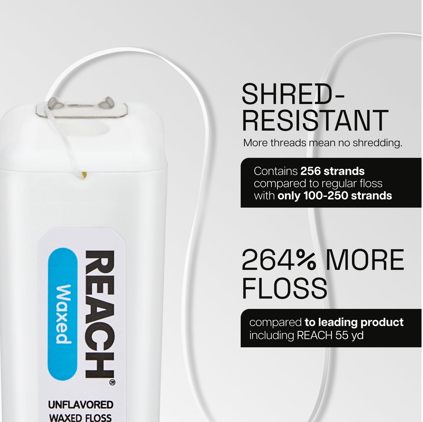 REACH Waxed Dental Floss, Unflavored, 3.6X More Value, Plaque Remover for Teeth, Shred Resistant, Floss Slides Smoothly, Easy to Use, Waxed, Oral Care, PFAS Free, for Adults & Kids, 2 Pack, 200 yd