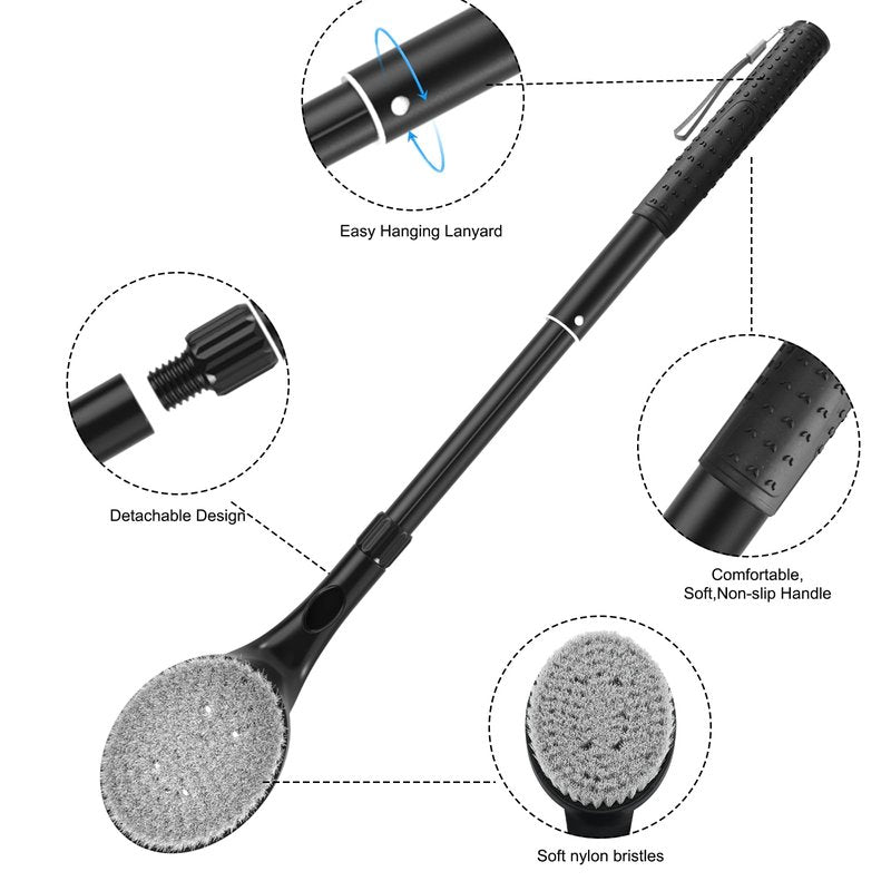 Back Scrubber for Shower, 17.52" - 25.7” Telescopic Back Washer for Shower with Anti-Slip Long Handle, Soft Nylon Bristles, Detachable Back Brush for Shower for Men Women Elderly