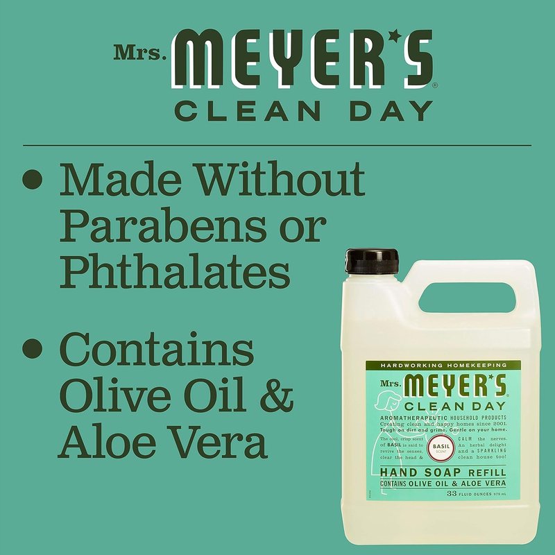 MRS. MEYER'S CLEAN DAY Hand Soap Refill, Made with Essential Oils, Basil, 33 Fl. Oz - Pack Of 2