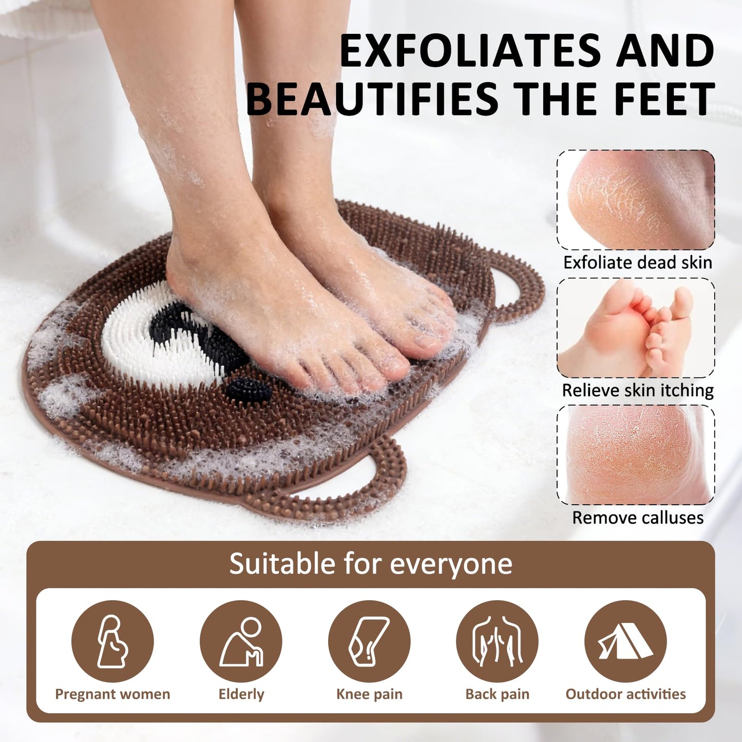 EaTubano Foot Scrubber for Shower - Silicone Exfoliating Bath Mat with Non-Slip Suction Cups, Dead Skin & Callus Remover for Feet - Men & Women, 14.5" x 11" (Coffee)