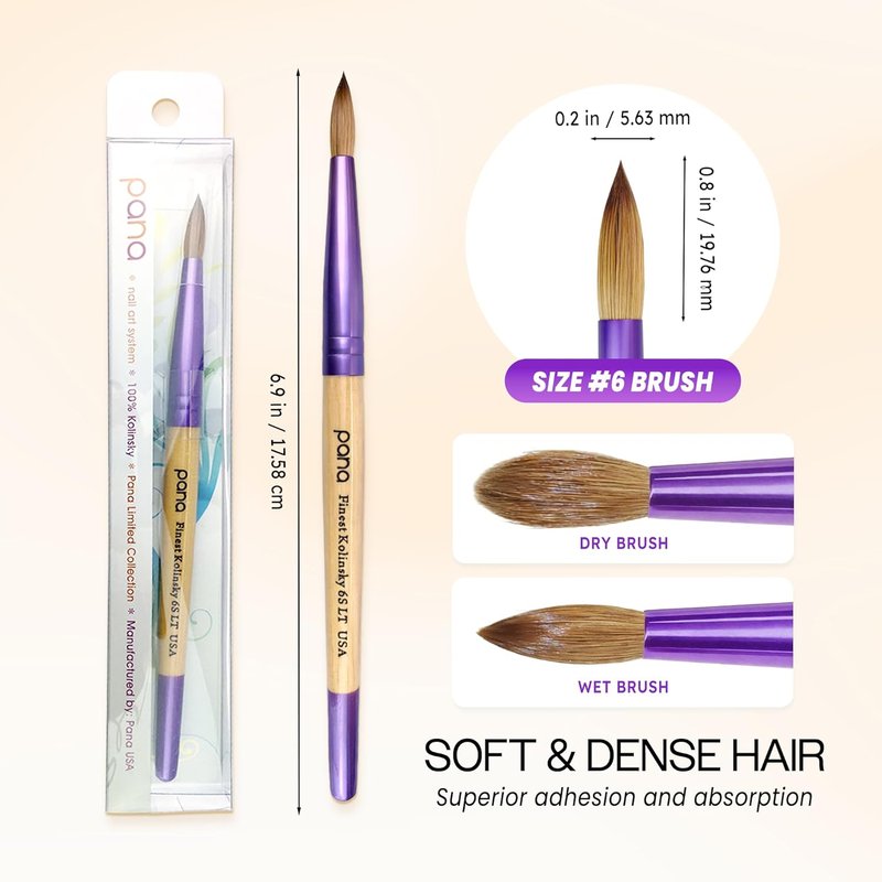 Pana Acrylic Nail Brush Pure Kolinsky Hair Beige Purple Wood Handle with Purple Ferrule Round Shaped Style (Size # 6)
