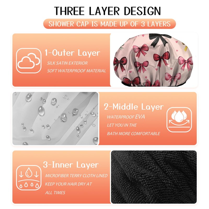 Cabreche Luxury Shower Cap Terry Lined Reusable Triple Layer Waterproof Hair Elastic Caps Shower Bath Hat for Women Girls Cute Aesthetic-Pink Bowknot