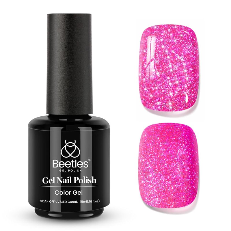 Beetles Glitter Gel Nail Polish - Hot Pink Reflective Diamond Color | 15ML Soak Off UV Nail Art for DIY Manicure