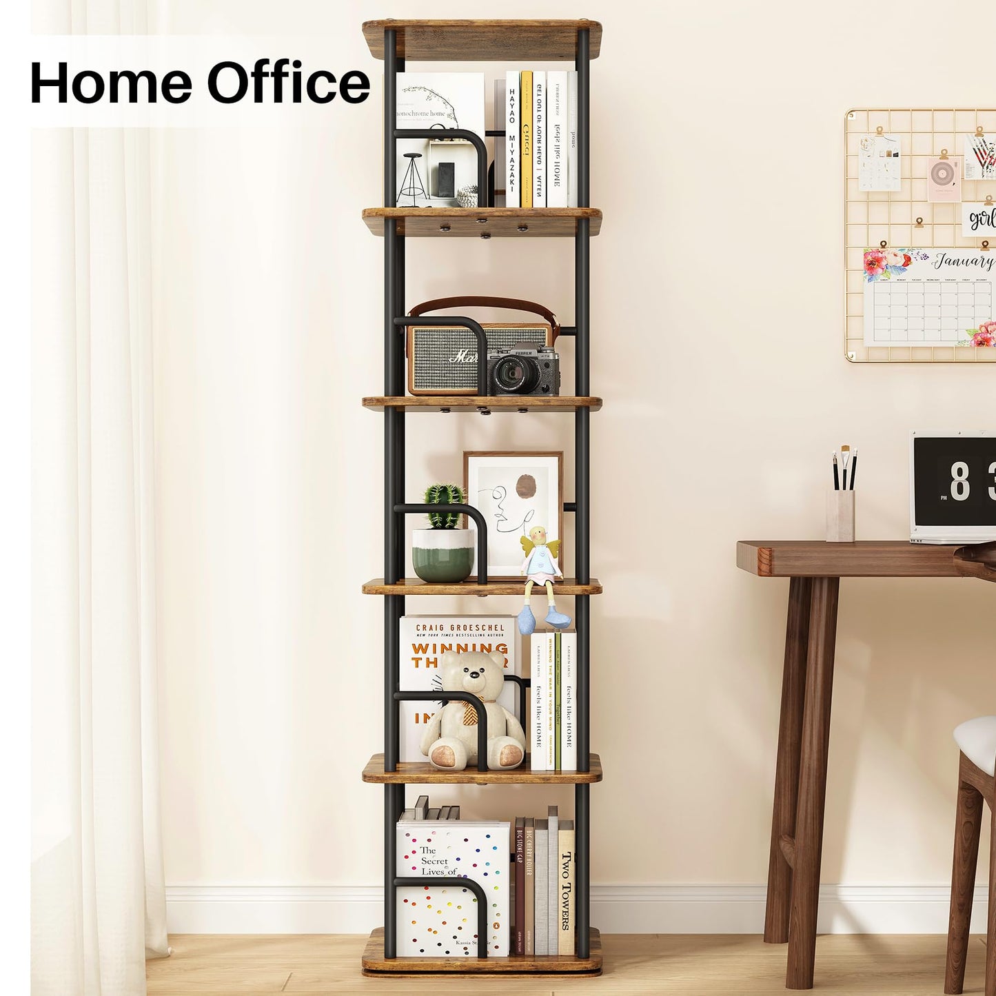 Branwick Rotating Bookshelf 5 Tier 360° Accessibility, Revolving Bookcase Spinning Bookshelf Tower, Wood Narrow Space Saving Book Shelf Organizer for Bedroom, Living Room, Study Room