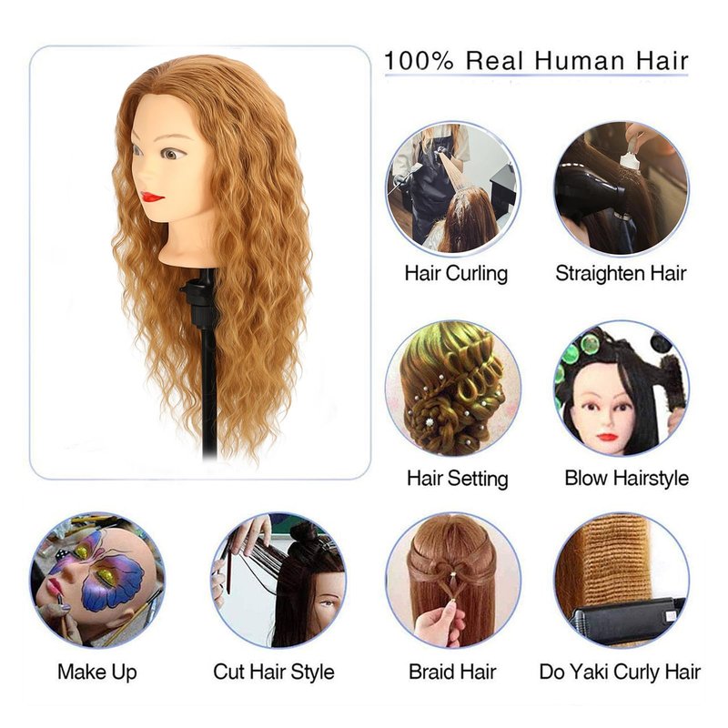 Female Mannequin Head With100% Real Hair Blonde Cosmetology Mannequin Head Hair Styling Hairdressing Practice Training Head Cosmetology Manikin Head Doll Head for Hairdresser with Clamp