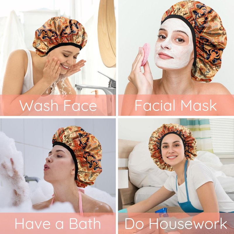 BHAHB Luxury Shower Cap Reusable Terry Cloth Lined EVA Triple Waterproof Layer Elastic Hair Bath Caps for Women Girls Cute-Boho 2