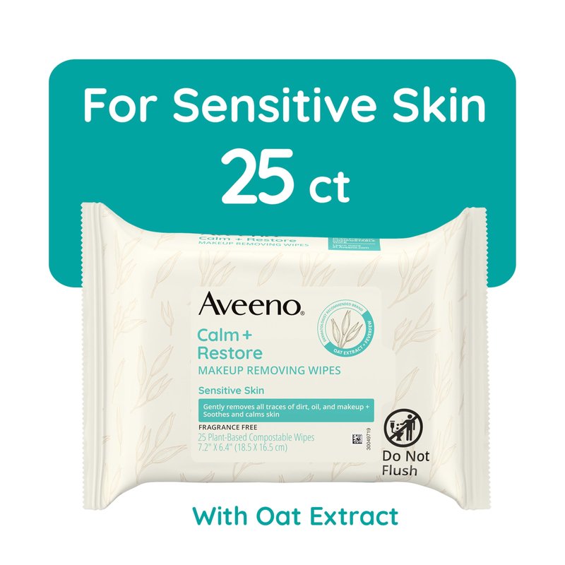 Aveeno Sensitive Skin Essentials Gift Set with Daily Moisturizing Lotion, Moisturizing Body Wash, Calm and Restore Makeup Removing Wipes and Skin Relief Repairing Hand Mask, 4 Items