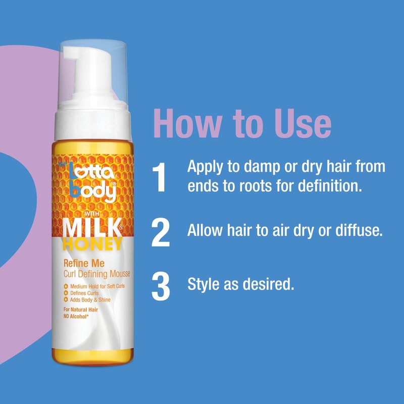 Lottabody Refine Me Curl Defining Mousse with Milk & Honey, Lightweight, Moisture-Rich Frizz-Control Styling Mousse for Softly Defined Natural Curly & Coily Hair, 7 oz