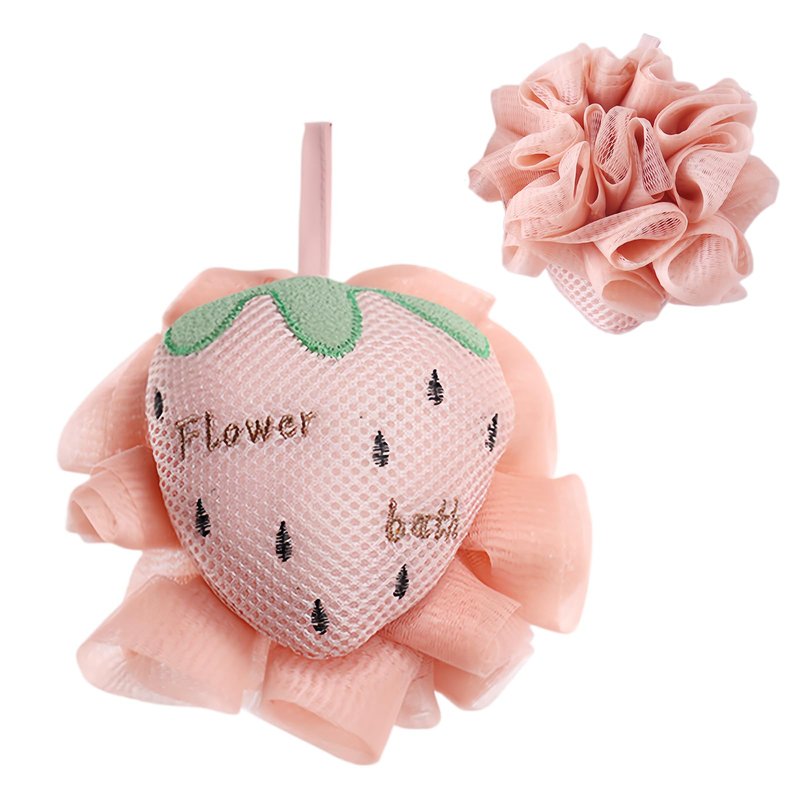 Kids Loofah, Cute Cartoon Animal Kids Bath Sponge with Hanging Rope, Soft Double Mesh for Rich Lather (Pink Strawberry)