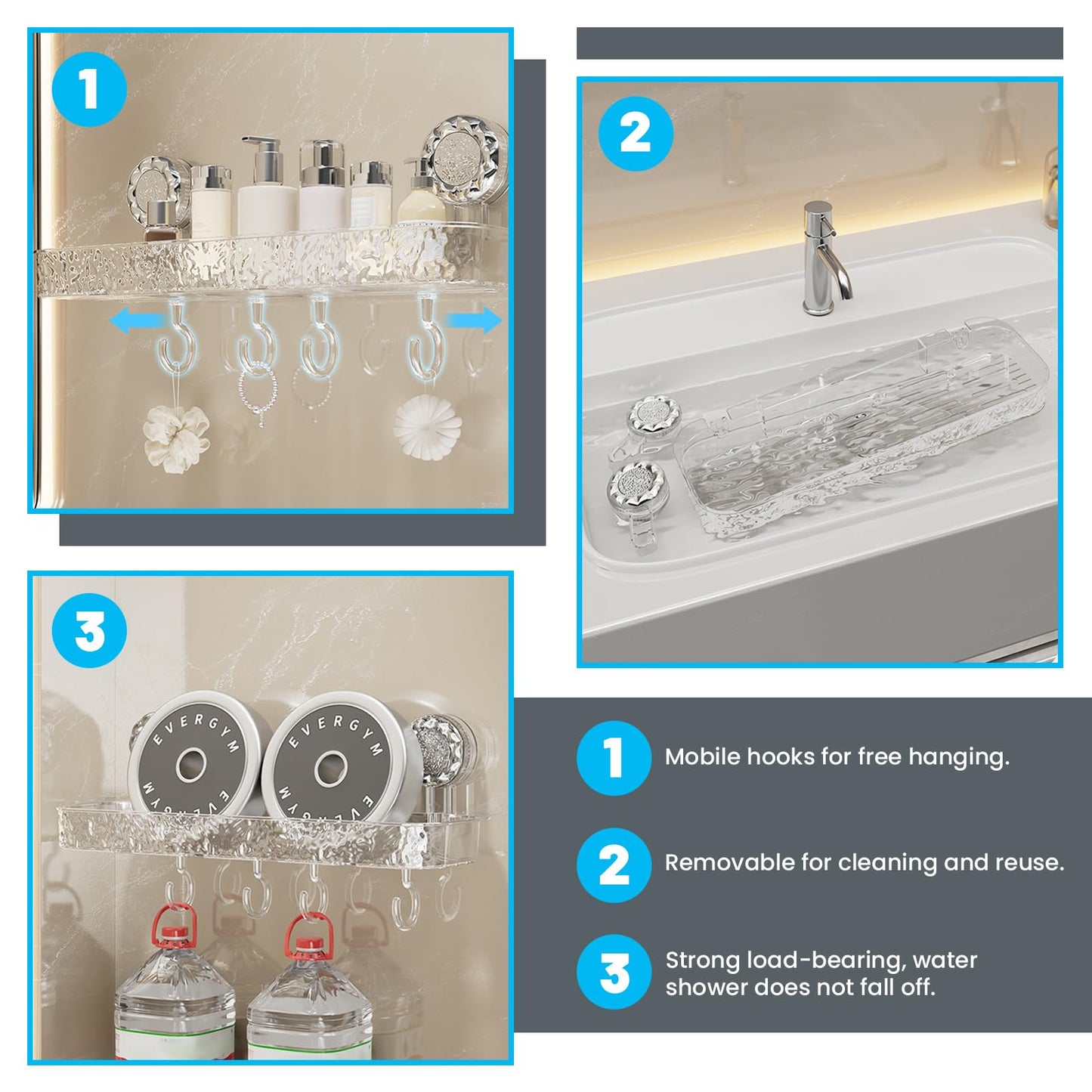 LELE LIFE Suction Cup Shower Caddy - Acrylic Shower Organizer Large Removable Bathroom Shelf, Powerful Suction Basket Bathroom Storage Rack with 4 Hooks, Clear
