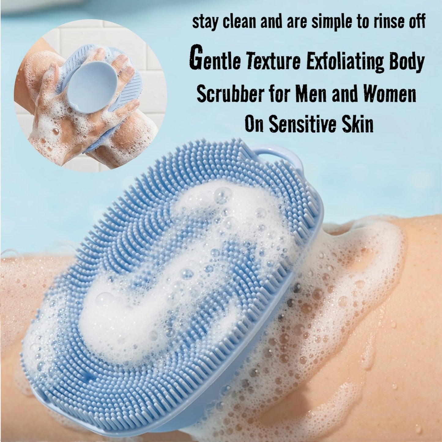 ARIOSOX, Soft Silicone Body Scrubber, Face Scrubber Silicone, Gentle Texture Exfoliating Body Scrubber for Men and Women On Sensitive Skin, Back Large Suction Cup for Easy Dry and Store (Blue)