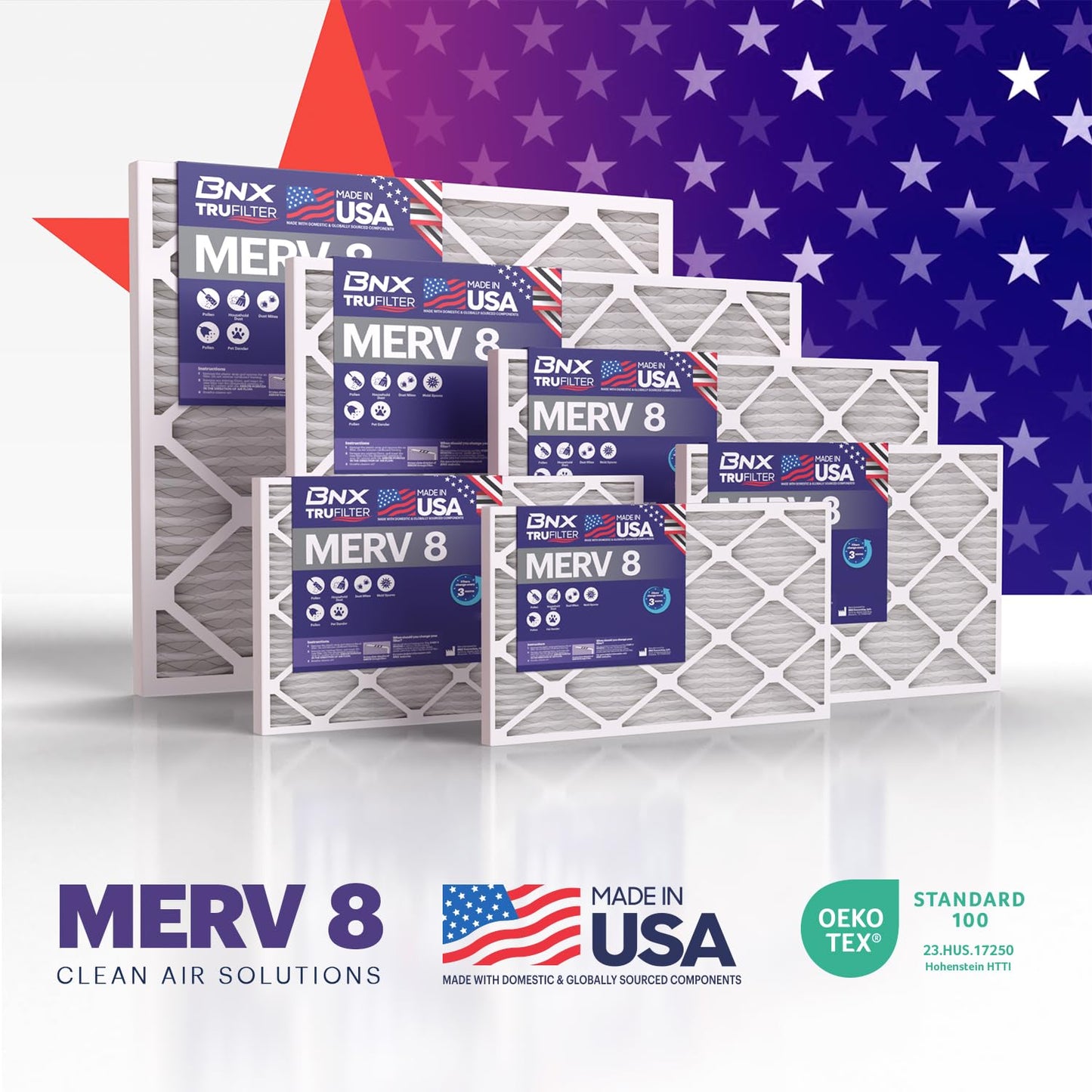 BNX TruFilter 14x14x1 Air Filter MERV 8 (6-Pack) - MADE IN USA – Dust & Pet Defense Pleated Air Conditioner HVAC AC Furnace Filters for Dust, Pet, Mold, Pollen MPR 600 – 700 & FPR 5