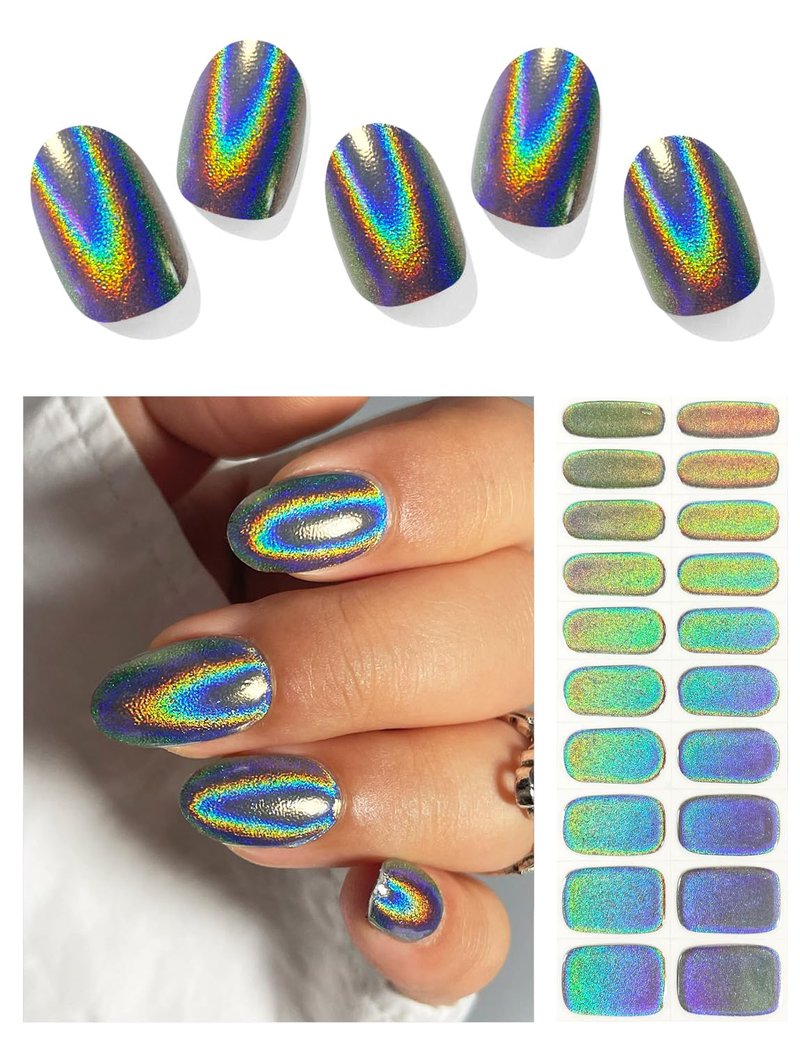Gel Nail Strips - Semi-Cured Holographic Chrome Design | Easy Application, Salon Quality, Laser Rainbow