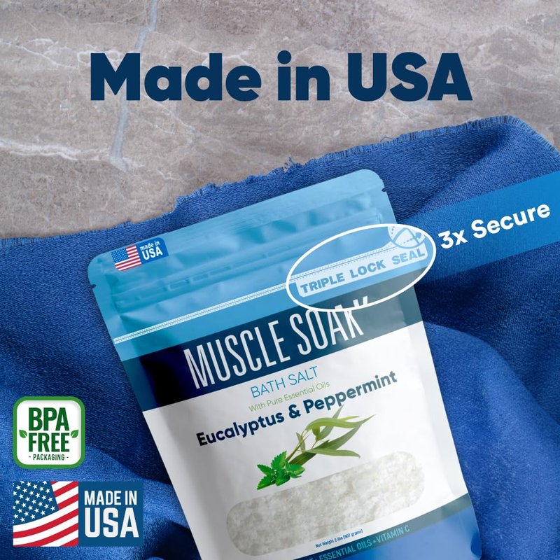 Muscle Soak Bath Salt 128 Ounces Epsom Salt with Natural Peppermint and Eucalyptus Essential Oils Plus Vitamin C in BPA Free Pouch with Easy Press-Lock Seal
