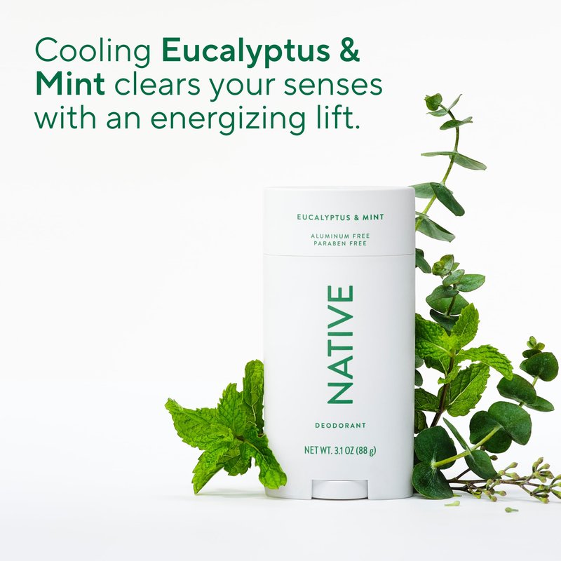 Native Aluminum Free Deodorant, Eucalyptus & Mint, Large Size Stick, 72 Hour Odor Control, for Women & Men, Contains Naturally Derived Ingredients, 3.1 oz