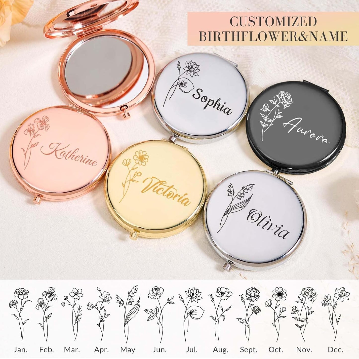 Skiennix Personalized Compact Mirror - Custom Birth Flower Design | Perfect Gift for Bridesmaids, Women, and Special Occasions