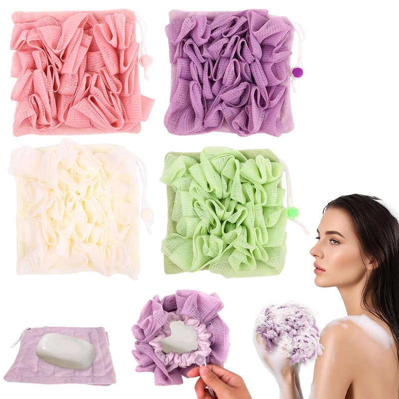DADERXY 4 Pcs Loofah Washcloth for Bar Soap, 2 in 1 Reusable Machine Washable Loofahs Combo, Bar Soap Loofas Pouch Wash
