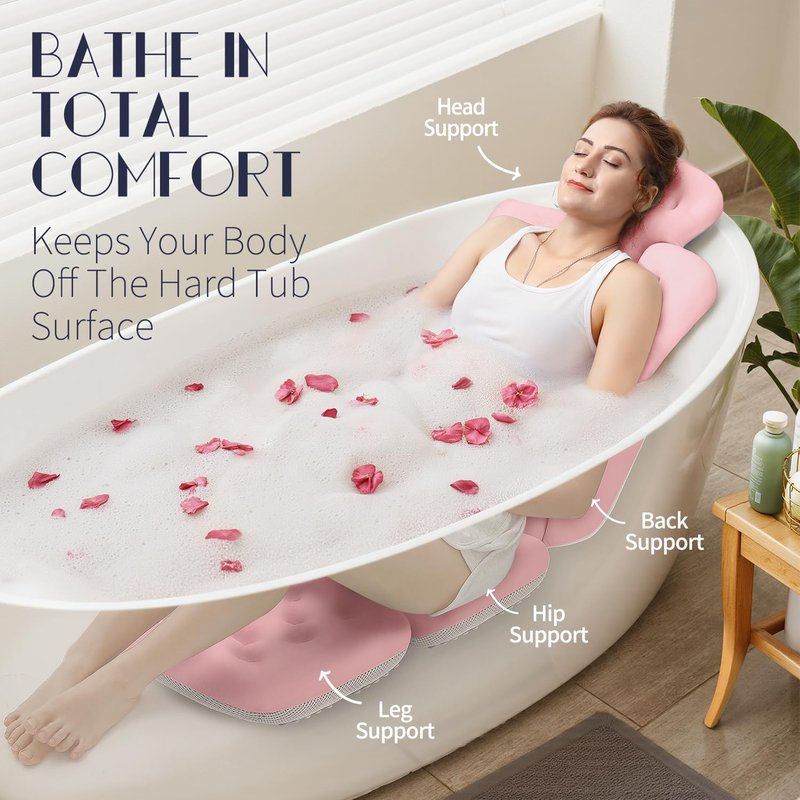 Full Body Bath Pillow for Bathtub, Thick Bathtub Cushion, Luxury Tub Pillow for Bath for Headrest Neck and Back Support Pink 51" x 16"